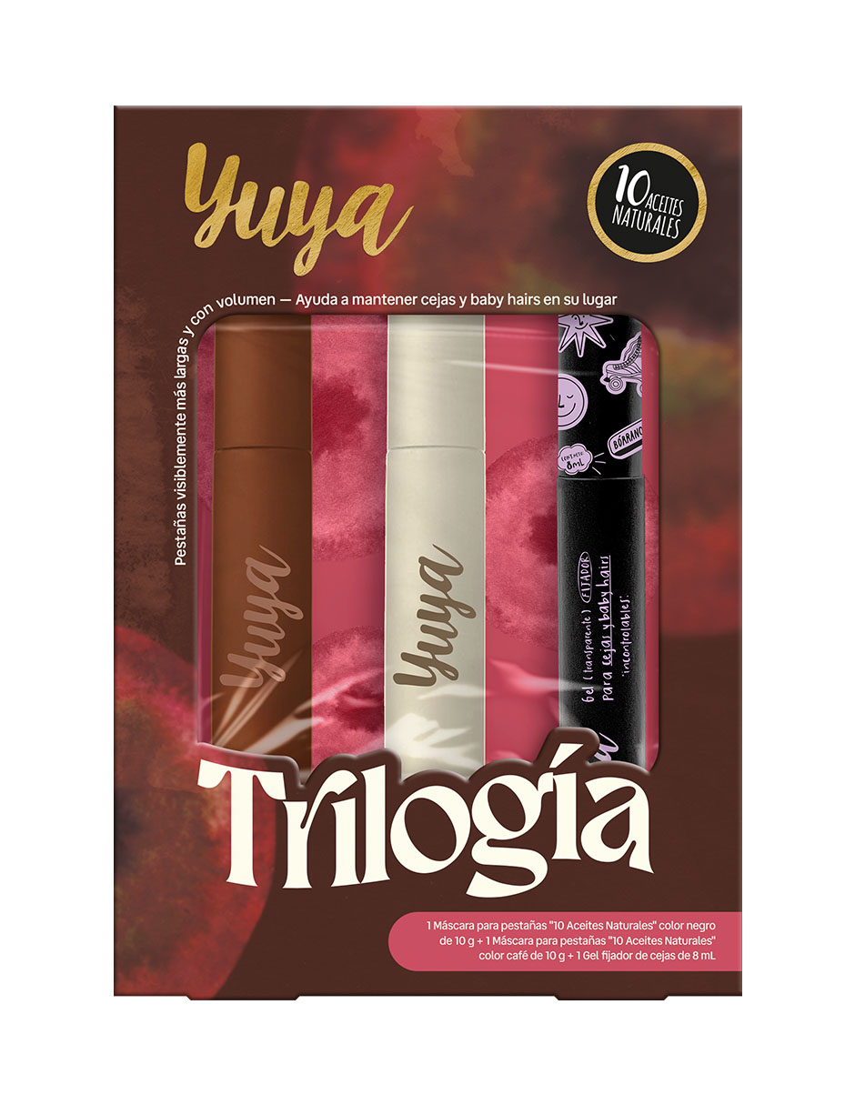 Set de maquillaje Trilogía máscara 10 aceites esenciales negra+ máscara 10 Aceites café + Gel fijador para cejas